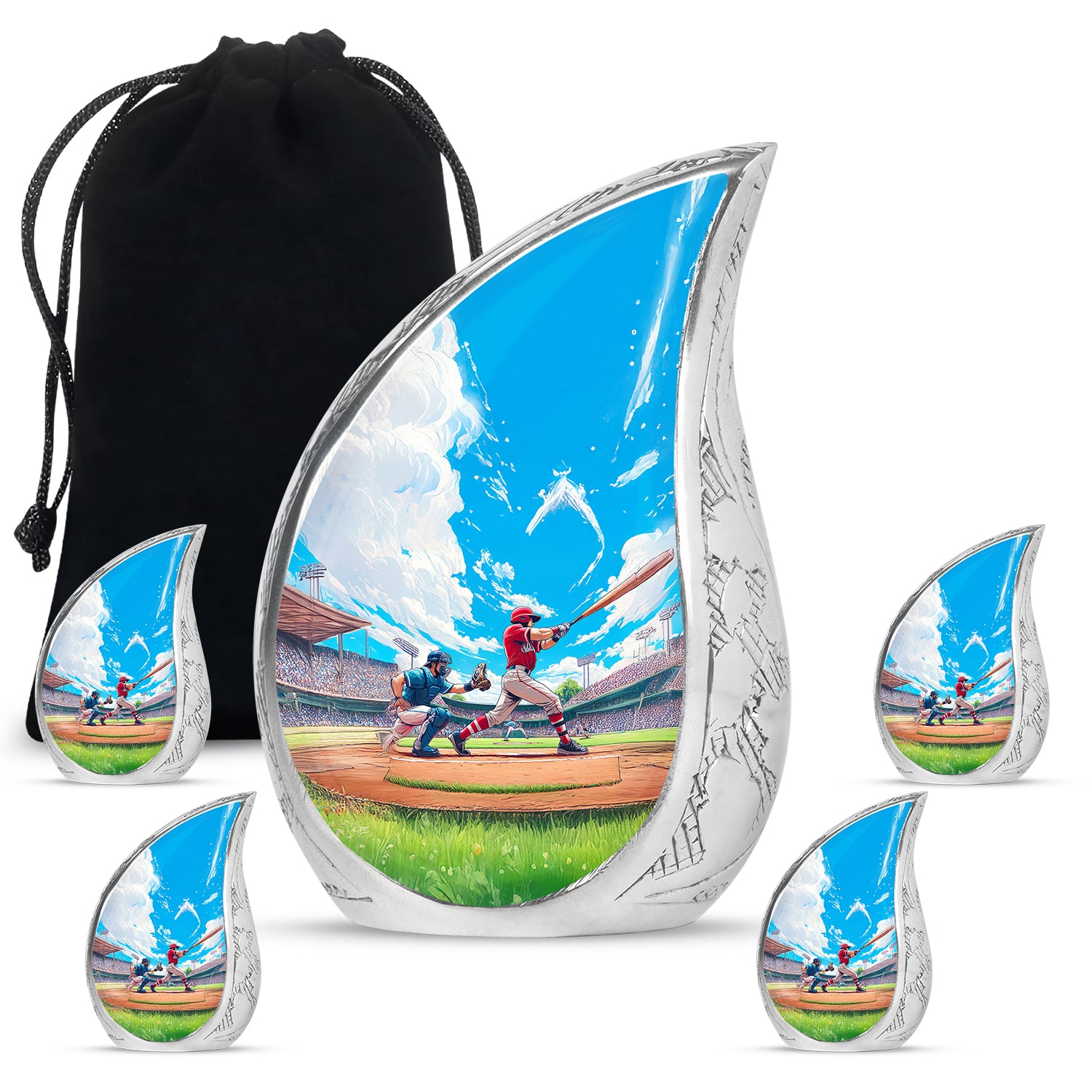 Icy Blue Baseball Cremation Urn side profile showing urn shape - rounded teardrop baseball design with delicate detail - memorial set with one large and four small urns