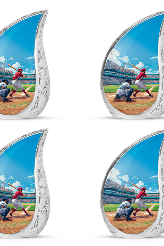 Calming Blue Baseball Cremation Urn close-up of engraving and surface detail - graceful tear-shaped urn with baseball motif - 10 inch aluminum urn for cremated remains