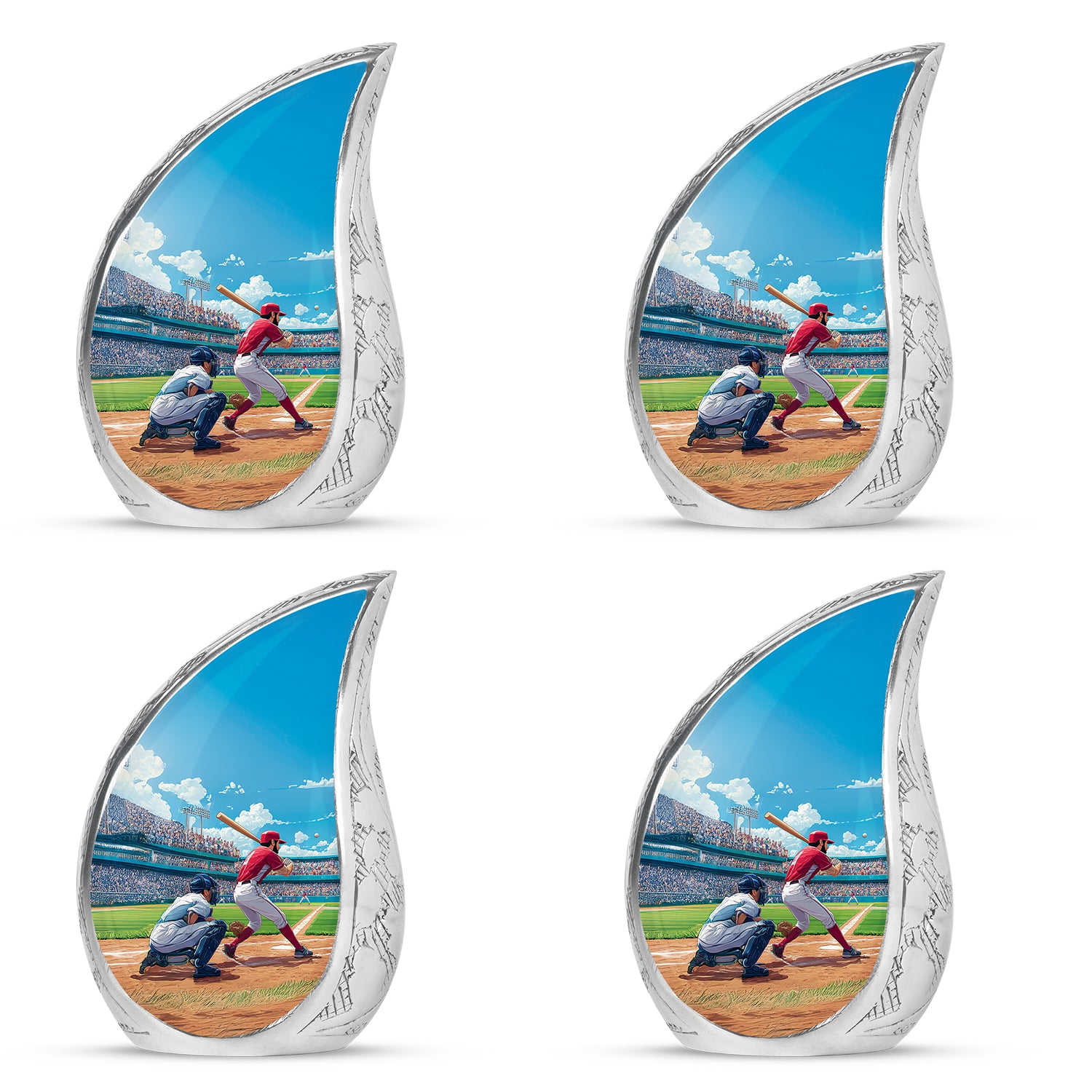 Calming Blue Baseball Cremation Urn close-up of engraving and surface detail - graceful tear-shaped urn with baseball motif - 10 inch aluminum urn for cremated remains