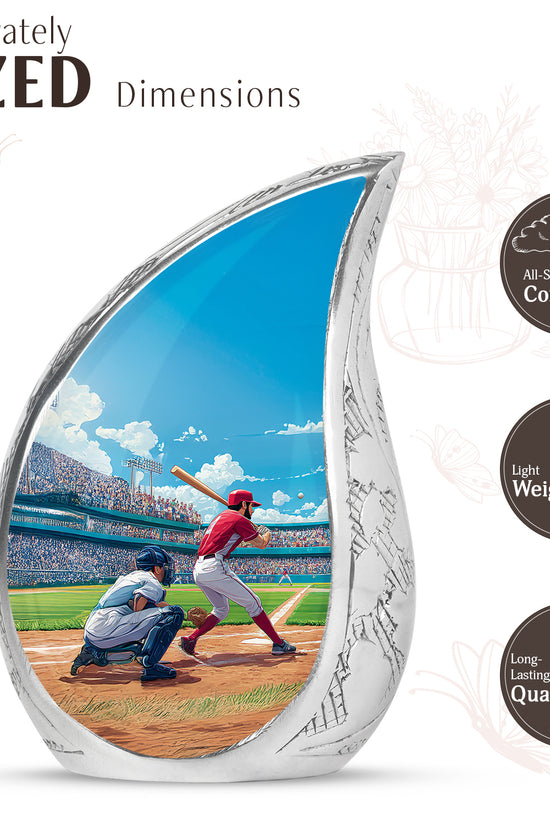 Calming Blue Baseball Cremation Urn angled view of lid and engraved motif - graceful tear-shaped urn with baseball motif - mini keepsake memorial for portion of cremation ashes