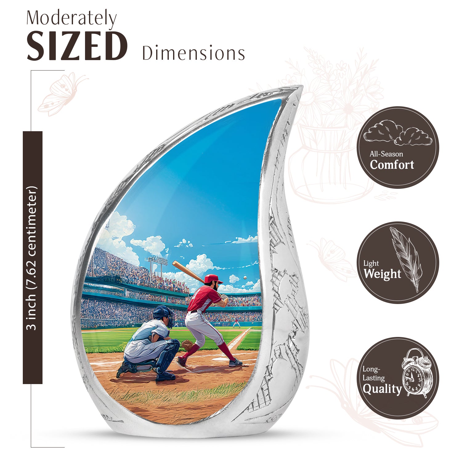 Calming Blue Baseball Cremation Urn angled view of lid and engraved motif - graceful tear-shaped urn with baseball motif - mini keepsake memorial for portion of cremation ashes