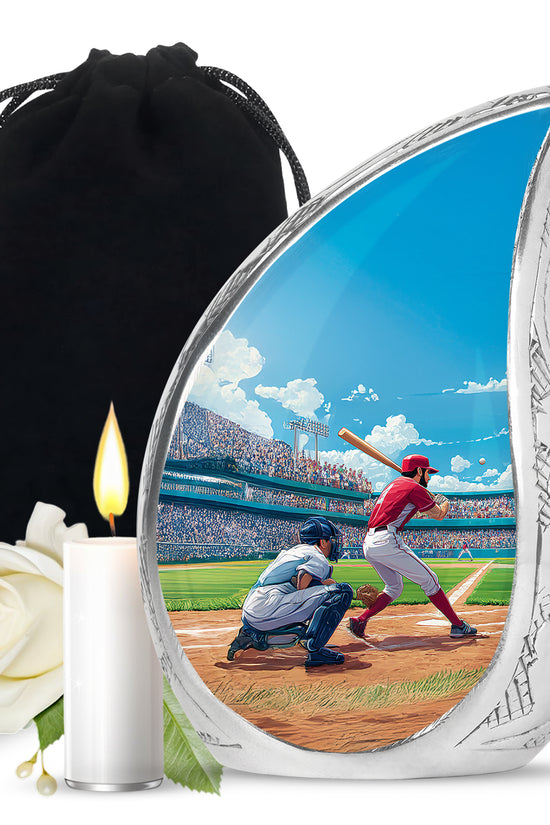 Icy Blue Baseball Cremation Urn front view showing detailed design - flowing teardrop baseball silhouette on curved aluminum - full-size 10 inch 200 cubic inch adult cremation urn