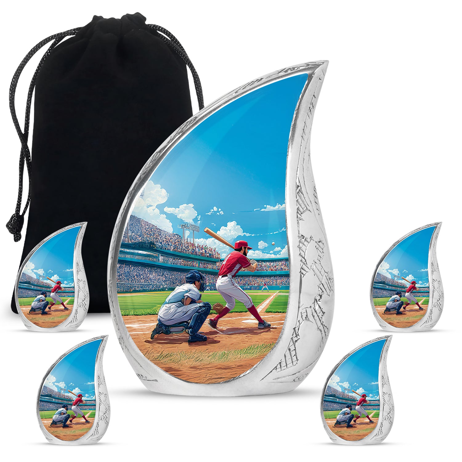 Navy Blue Baseball Cremation Urn side profile showing urn shape - flowing teardrop baseball silhouette on curved aluminum - memorial set with one large and four small urns