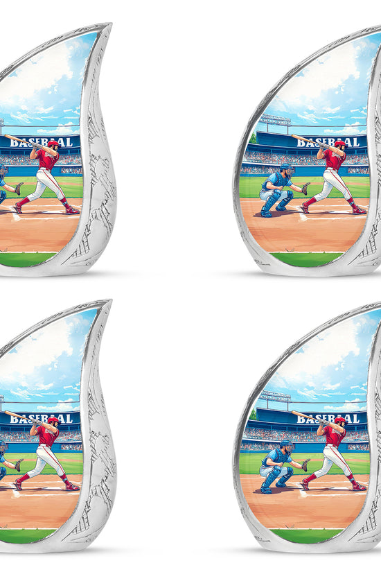 Tropical Teal Baseball Cremation Urn close-up of engraving and surface detail - smooth teardrop contour featuring baseball art - 10 inch aluminum urn for cremated remains