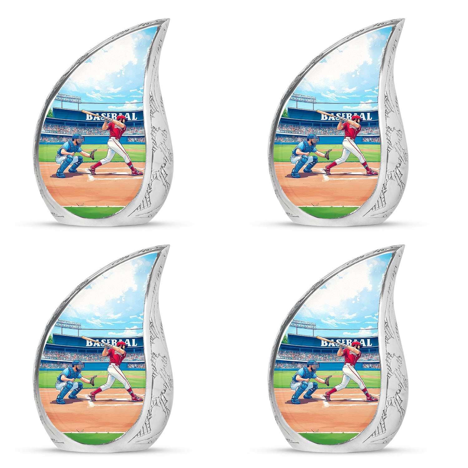 Tropical Teal Baseball Cremation Urn close-up of engraving and surface detail - smooth teardrop contour featuring baseball art - 10 inch aluminum urn for cremated remains