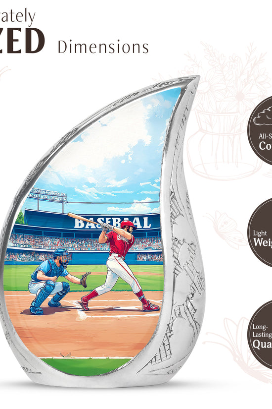 Mystic Teal Baseball Cremation Urn angled view of lid and engraved motif - smooth teardrop contour featuring baseball art - mini keepsake memorial for portion of cremation ashes