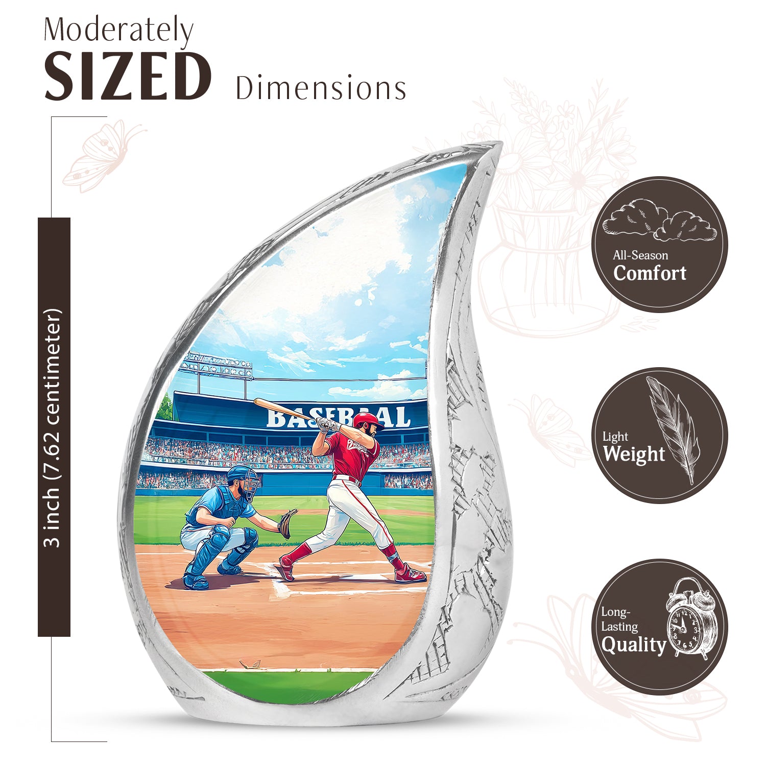 Mystic Teal Baseball Cremation Urn angled view of lid and engraved motif - smooth teardrop contour featuring baseball art - mini keepsake memorial for portion of cremation ashes