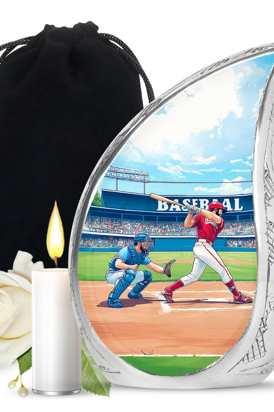 Aqua Teal Baseball Cremation Urn front view showing detailed design - smooth teardrop contour featuring baseball art - full-size 10 inch 200 cubic inch adult cremation urn