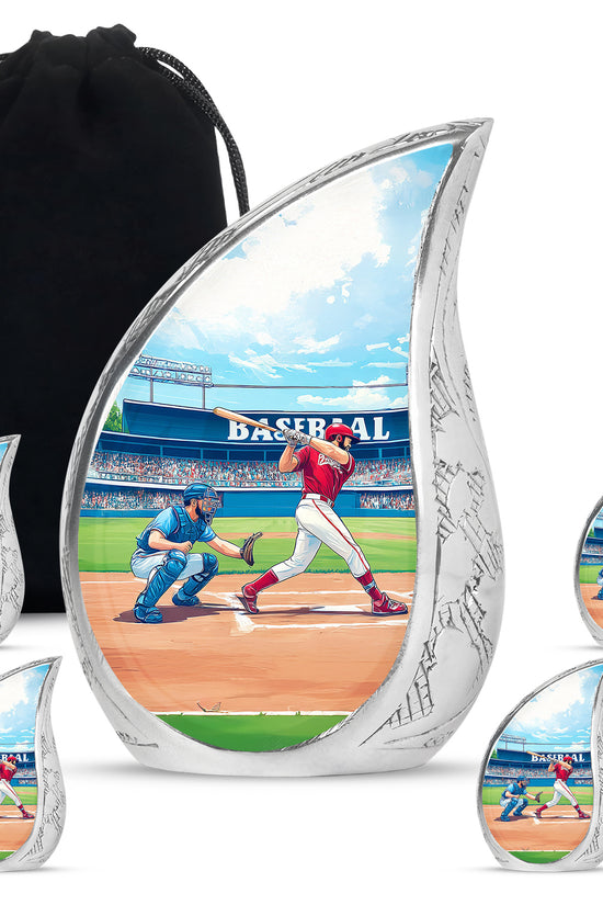 Ocean Teal Baseball Cremation Urn side profile showing urn shape - flowing teardrop baseball silhouette on curved aluminum - memorial set with one large and four small urns