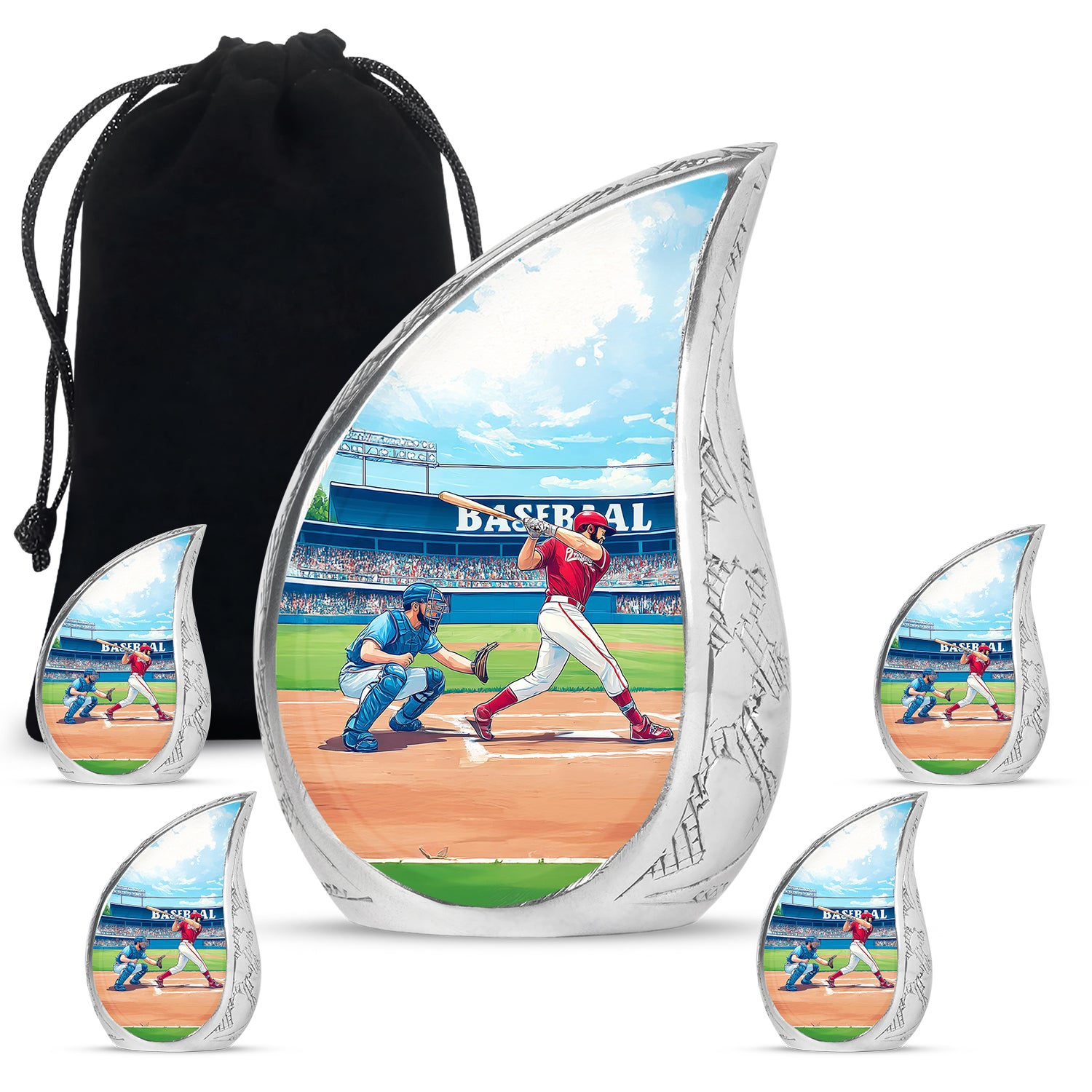 Ocean Teal Baseball Cremation Urn side profile showing urn shape - flowing teardrop baseball silhouette on curved aluminum - memorial set with one large and four small urns
