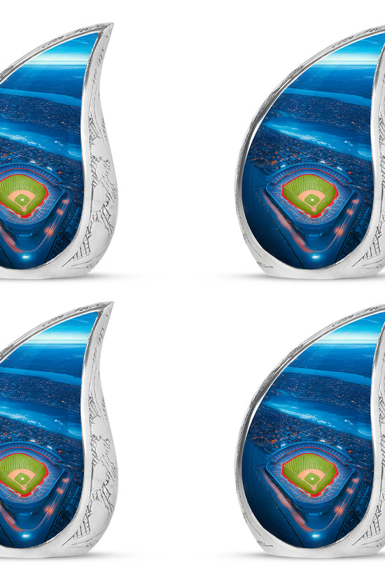 Indigo Baseball Cremation Urn close-up of engraving and surface detail - rounded teardrop baseball design with delicate detail - 10 inch aluminum urn for cremated remains