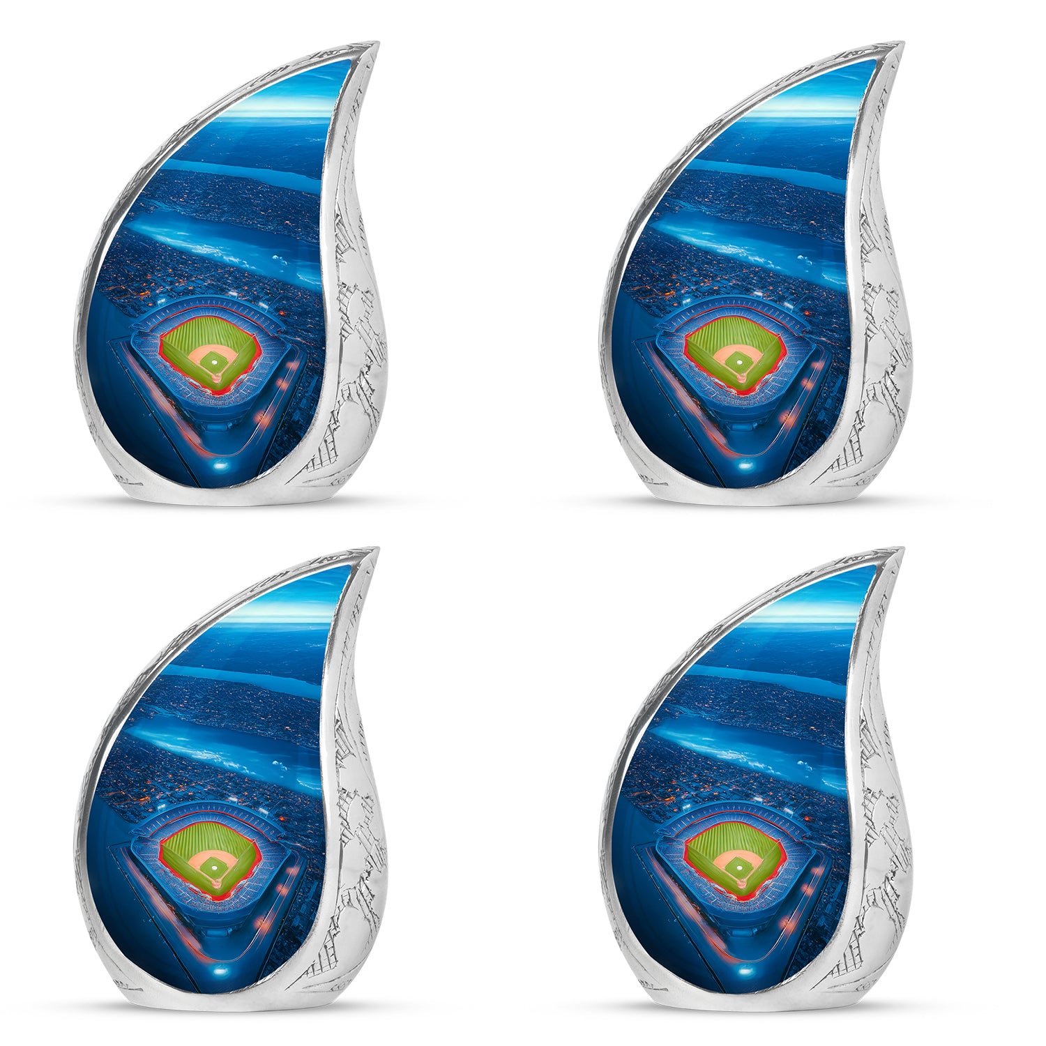 Indigo Baseball Cremation Urn close-up of engraving and surface detail - rounded teardrop baseball design with delicate detail - 10 inch aluminum urn for cremated remains