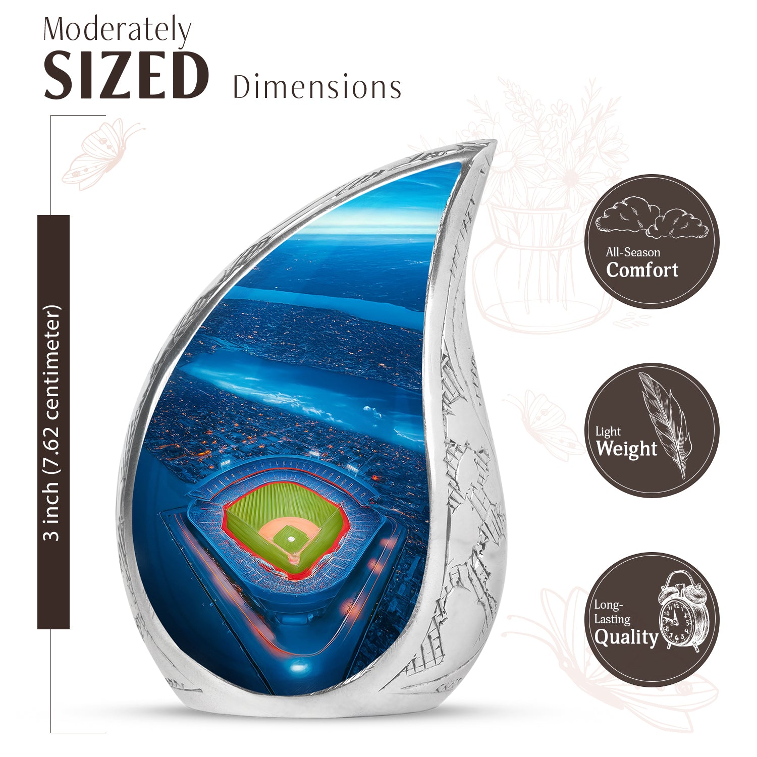 Misty Blue Baseball Cremation Urn angled view of lid and engraved motif - flowing teardrop baseball silhouette on curved aluminum - mini keepsake memorial for portion of cremation ashes