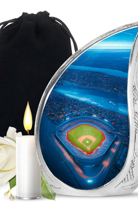 Cornflower Blue Baseball Cremation Urn front view showing detailed design - graceful tear-shaped urn with baseball motif - full-size 10 inch 200 cubic inch adult cremation urn