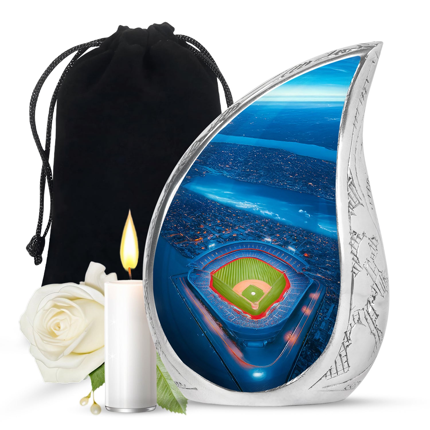 Cornflower Blue Baseball Cremation Urn front view showing detailed design - graceful tear-shaped urn with baseball motif - full-size 10 inch 200 cubic inch adult cremation urn
