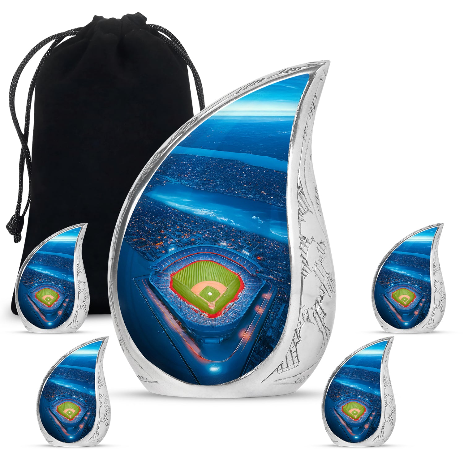Navy Blue Baseball Cremation Urn side profile showing urn shape - flowing teardrop baseball silhouette on curved aluminum - memorial set with one large and four small urns