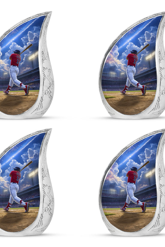 Steel Blue Baseball Cremation Urn close-up of engraving and surface detail - smooth teardrop contour featuring baseball art - 10 inch aluminum urn for cremated remains