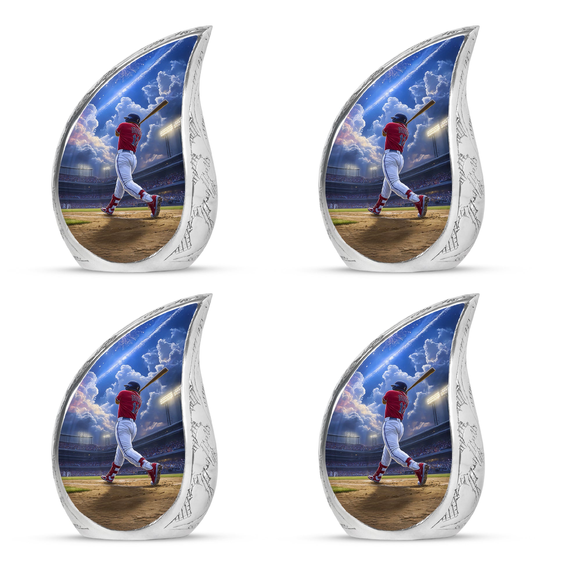 Steel Blue Baseball Cremation Urn close-up of engraving and surface detail - smooth teardrop contour featuring baseball art - 10 inch aluminum urn for cremated remains