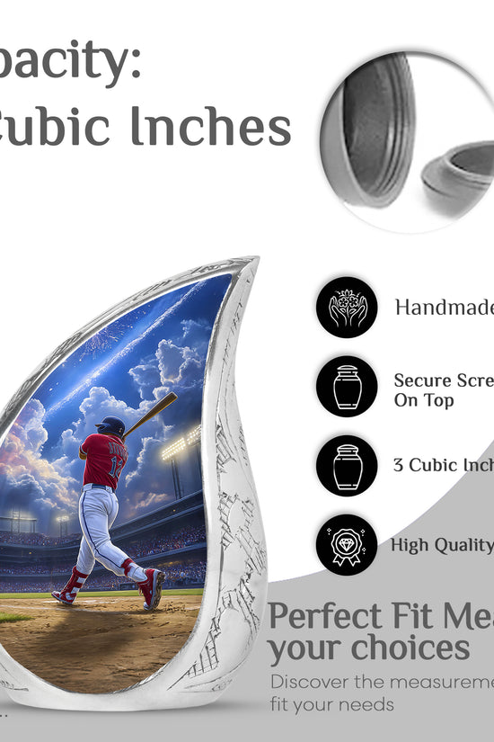 Sky Blue Baseball Cremation Urn angled view of lid and engraved motif - flowing teardrop baseball silhouette on curved aluminum - mini keepsake memorial for portion of cremation ashes