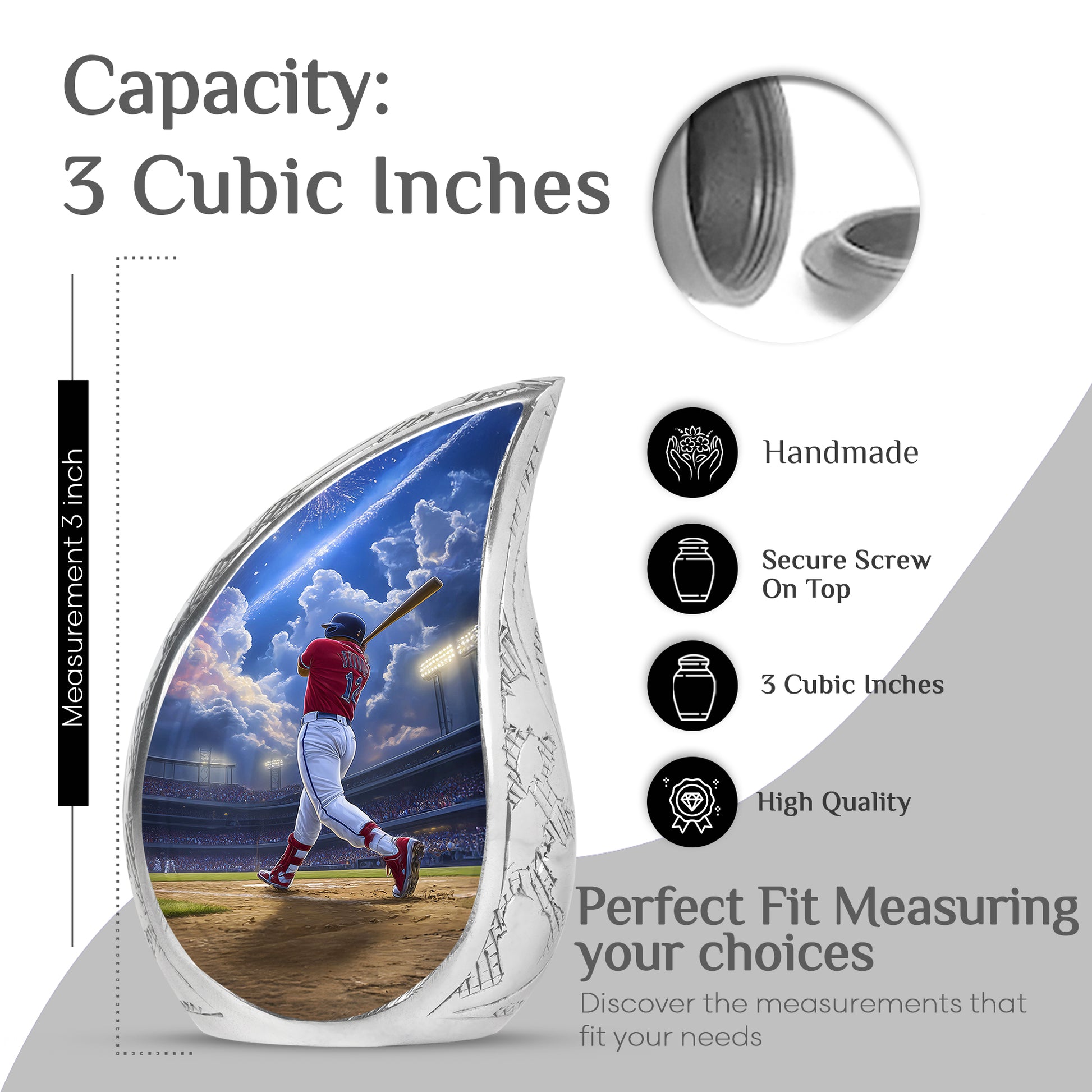Sky Blue Baseball Cremation Urn angled view of lid and engraved motif - flowing teardrop baseball silhouette on curved aluminum - mini keepsake memorial for portion of cremation ashes