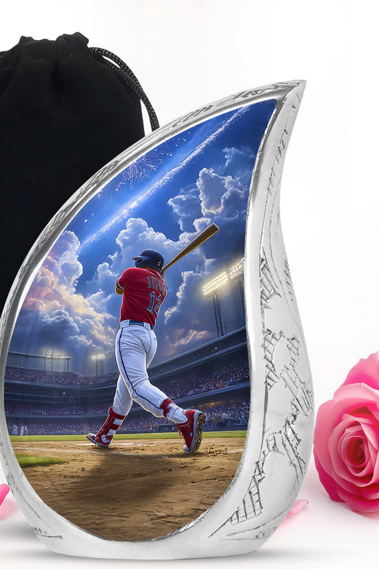 Powder Blue Baseball Cremation Urn front view showing detailed design - rounded teardrop baseball design with delicate detail - full-size 10 inch 200 cubic inch adult cremation urn