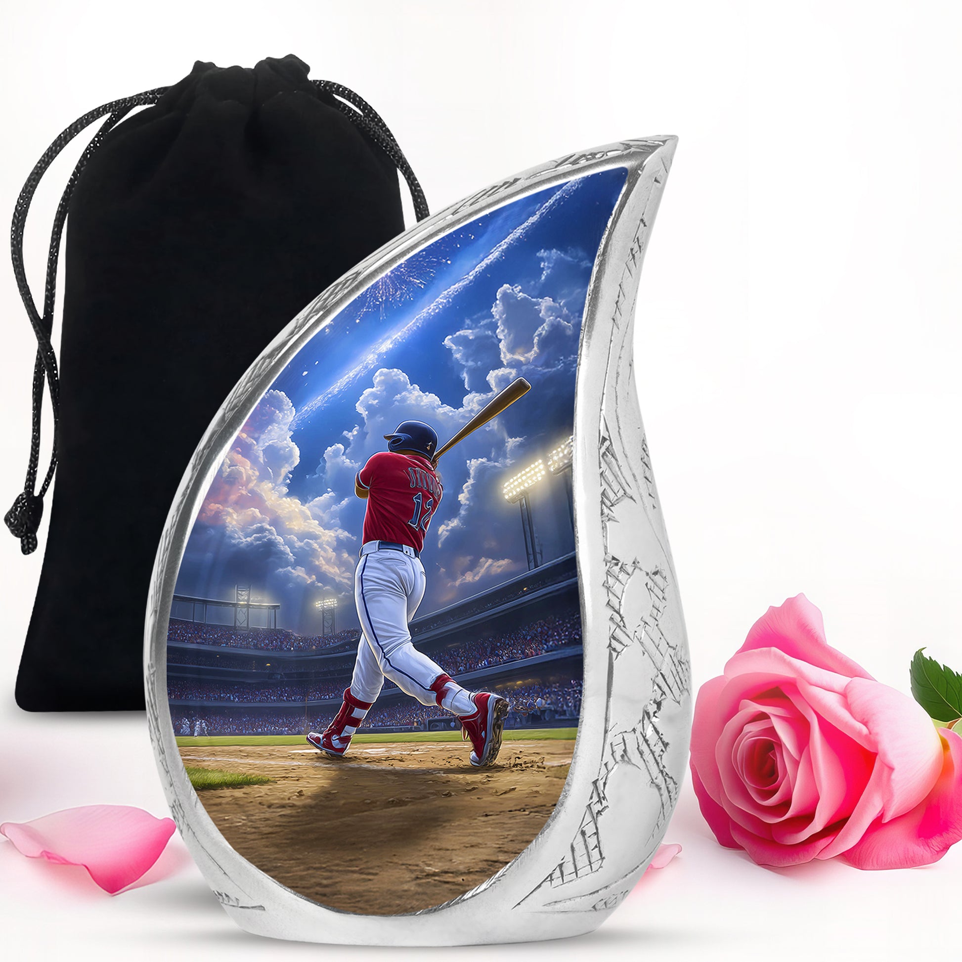 Powder Blue Baseball Cremation Urn front view showing detailed design - rounded teardrop baseball design with delicate detail - full-size 10 inch 200 cubic inch adult cremation urn