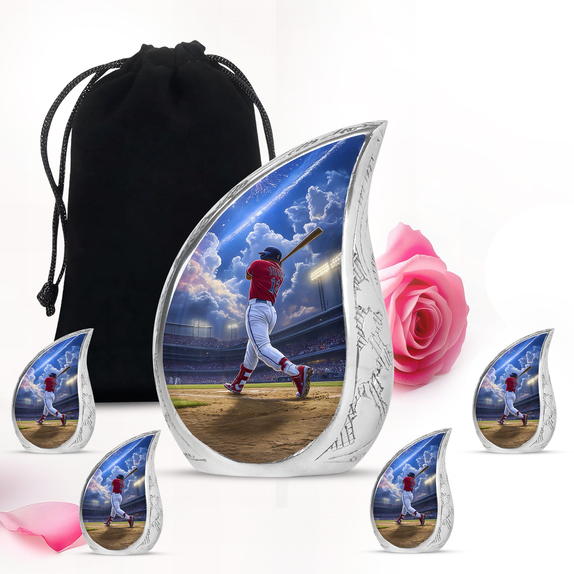 Dusty Blue Baseball Cremation Urn side profile showing urn shape - rounded teardrop baseball design with delicate detail - memorial set with one large and four small urns