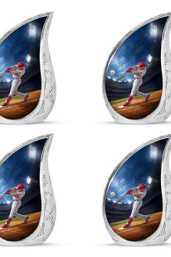 Celestial Blue Baseball Cremation Urn close-up of engraving and surface detail - rounded teardrop baseball design with delicate detail - 10 inch aluminum urn for cremated remains
