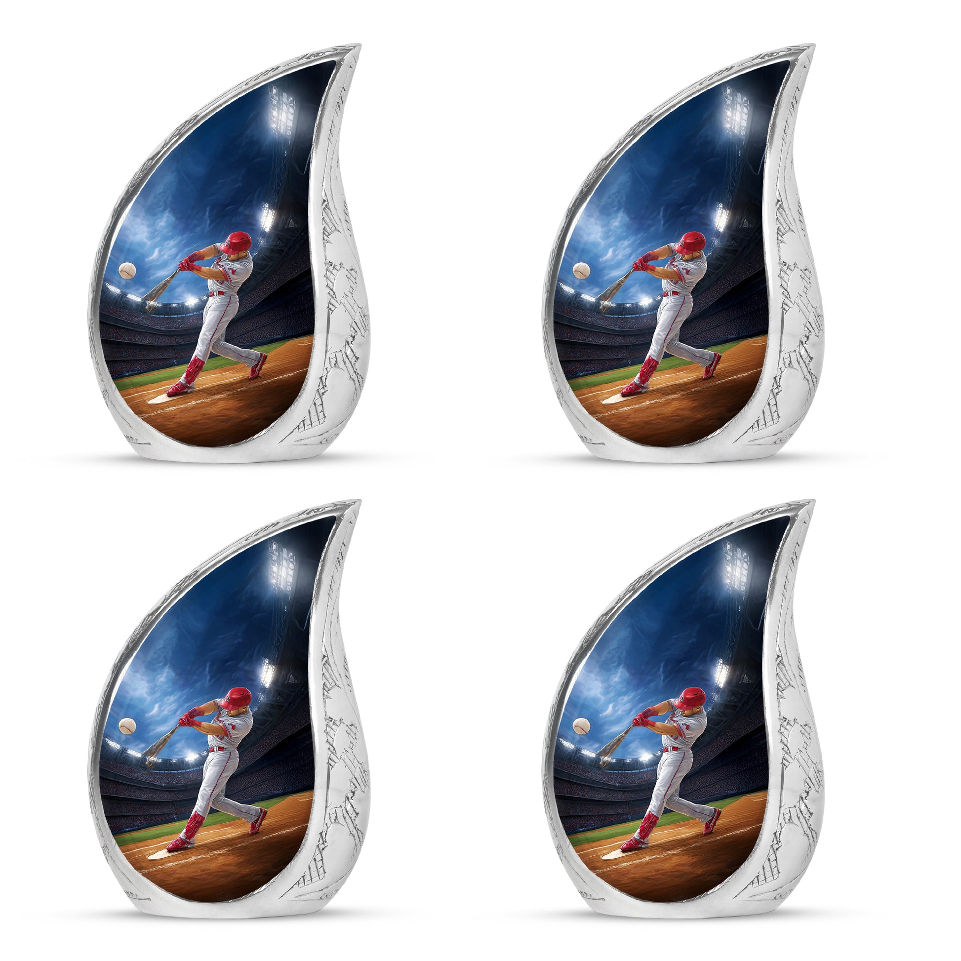 Celestial Blue Baseball Cremation Urn close-up of engraving and surface detail - rounded teardrop baseball design with delicate detail - 10 inch aluminum urn for cremated remains