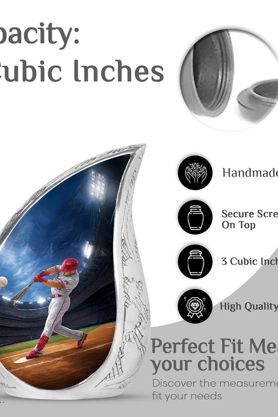 Soft Blue Baseball Cremation Urn angled view of lid and engraved motif - smooth teardrop contour featuring baseball art - mini keepsake memorial for portion of cremation ashes