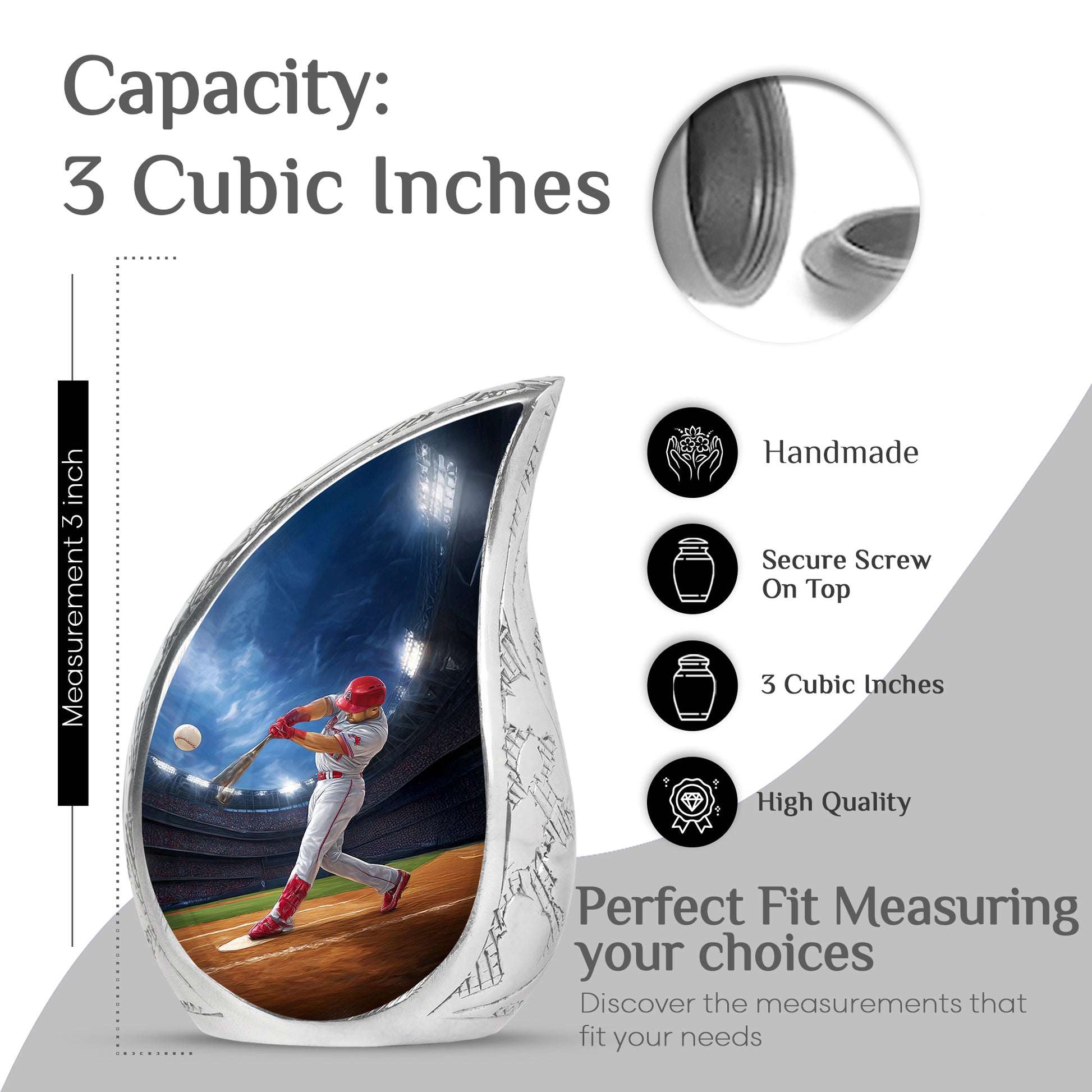 Soft Blue Baseball Cremation Urn angled view of lid and engraved motif - smooth teardrop contour featuring baseball art - mini keepsake memorial for portion of cremation ashes