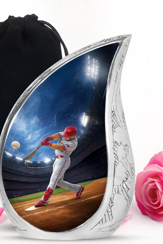 Cobalt Blue Baseball Cremation Urn front view showing detailed design - graceful tear-shaped urn with baseball motif - full-size 10 inch 200 cubic inch adult cremation urn