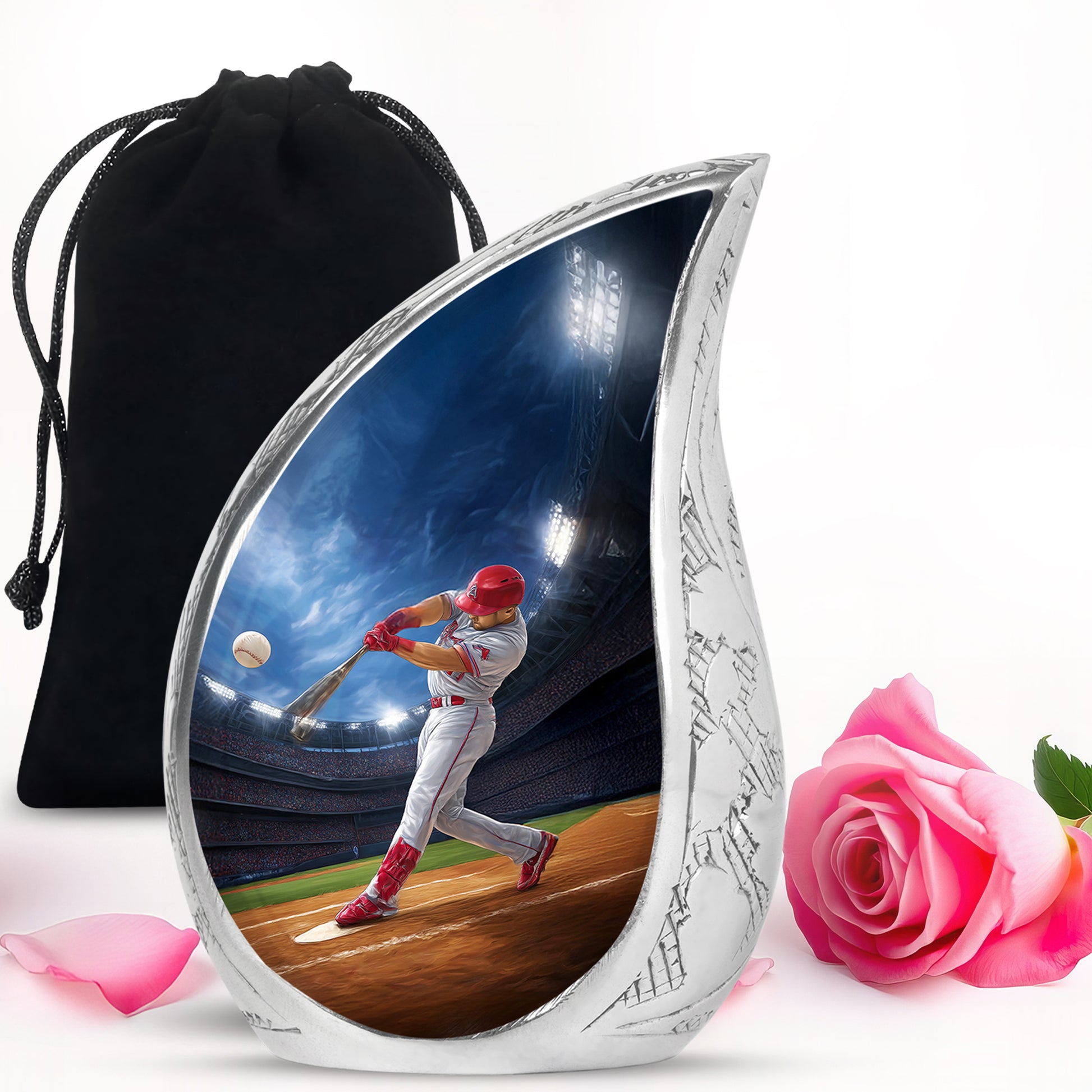 Cobalt Blue Baseball Cremation Urn front view showing detailed design - graceful tear-shaped urn with baseball motif - full-size 10 inch 200 cubic inch adult cremation urn