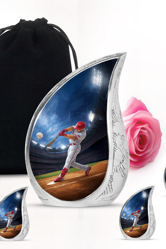 Twilight Blue Baseball Cremation Urn side profile showing urn shape - graceful tear-shaped urn with baseball motif - memorial set with one large and four small urns