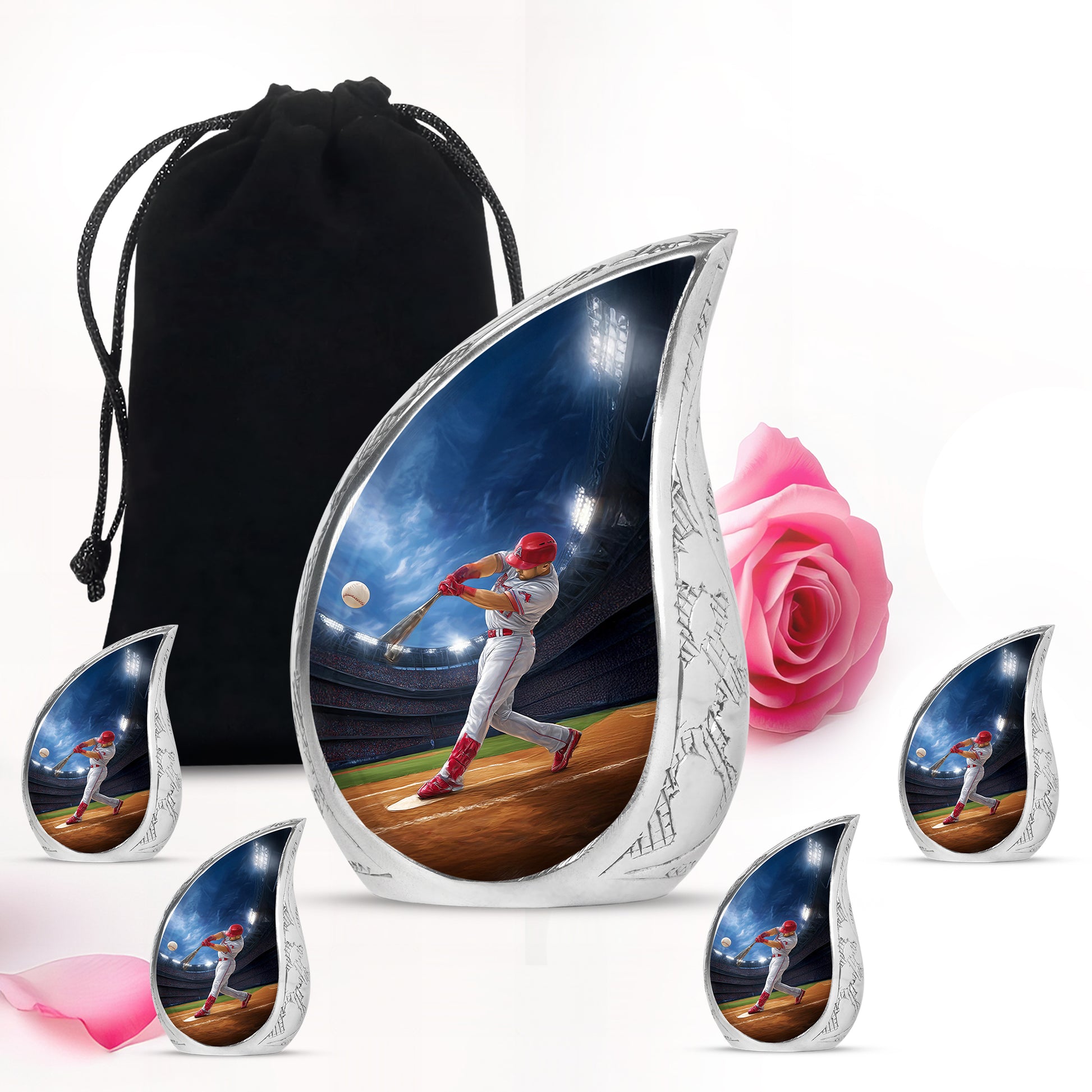Twilight Blue Baseball Cremation Urn side profile showing urn shape - graceful tear-shaped urn with baseball motif - memorial set with one large and four small urns
