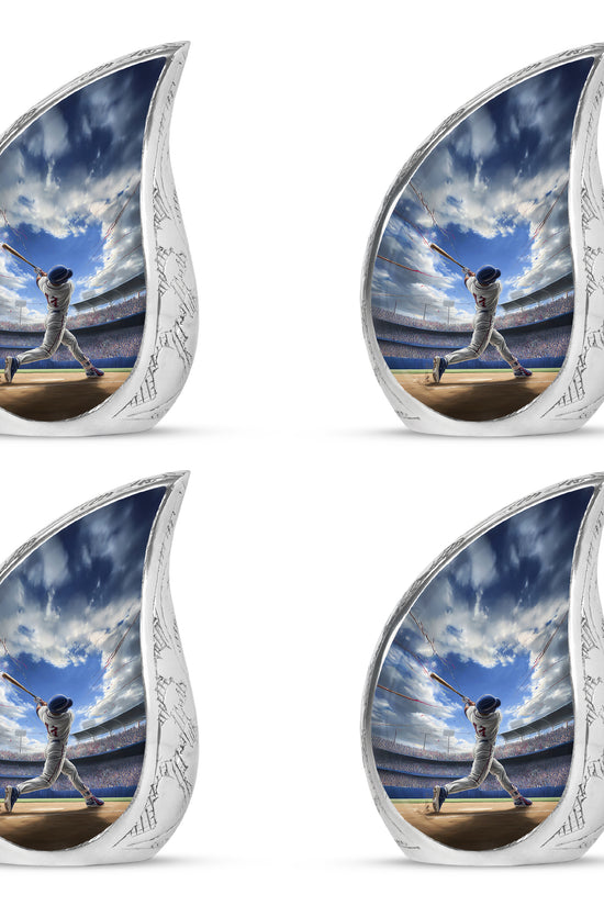Bright Blue Baseball Cremation Urn close-up of engraving and surface detail - smooth teardrop contour featuring baseball art - 10 inch aluminum urn for cremated remains