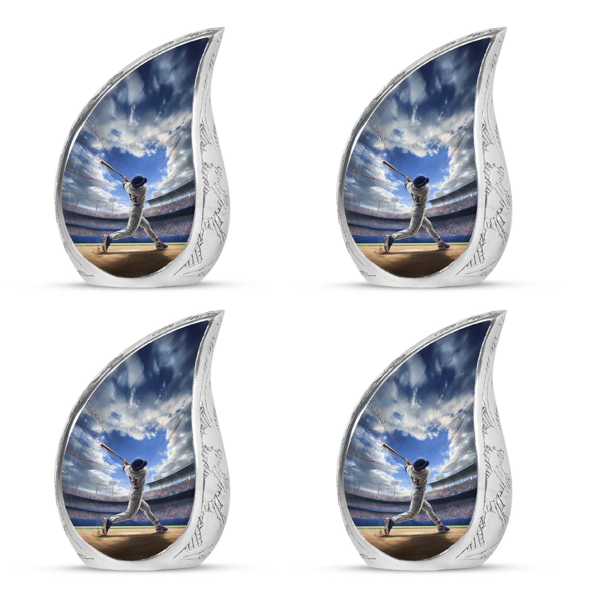 Bright Blue Baseball Cremation Urn close-up of engraving and surface detail - smooth teardrop contour featuring baseball art - 10 inch aluminum urn for cremated remains