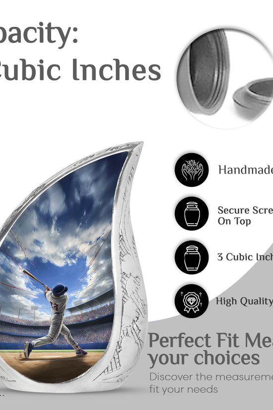 Serene Blue Baseball Cremation Urn angled view of lid and engraved motif - smooth teardrop contour featuring baseball art - mini keepsake memorial for portion of cremation ashes