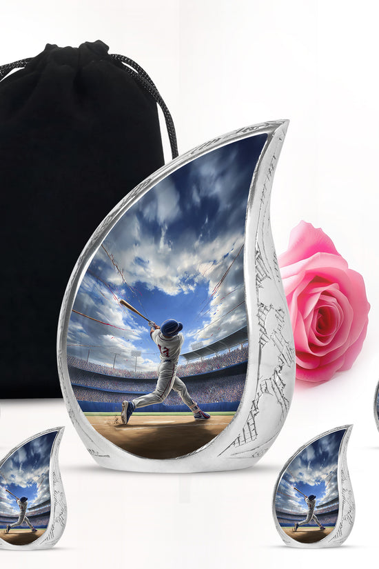 Bright Blue Baseball Cremation Urn side profile showing urn shape - graceful tear-shaped urn with baseball motif - memorial set with one large and four small urns