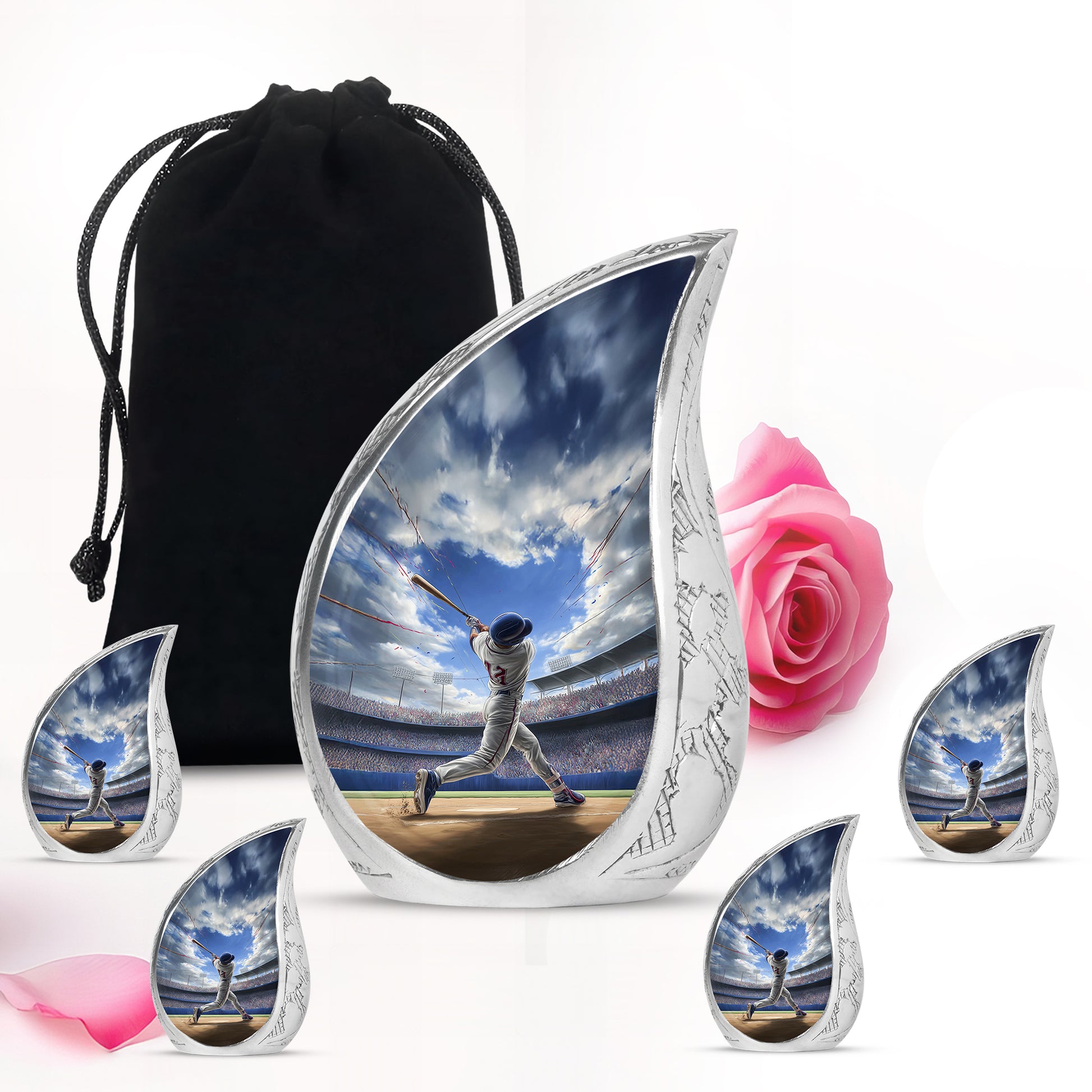 Bright Blue Baseball Cremation Urn side profile showing urn shape - graceful tear-shaped urn with baseball motif - memorial set with one large and four small urns