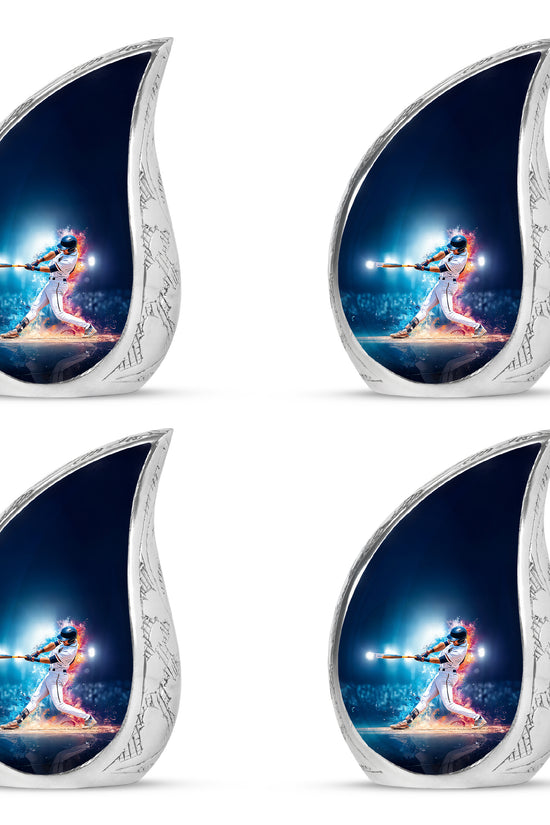 Royal Blue Baseball Cremation Urn close-up of engraving and surface detail - graceful tear-shaped urn with baseball motif - 10 inch aluminum urn for cremated remains