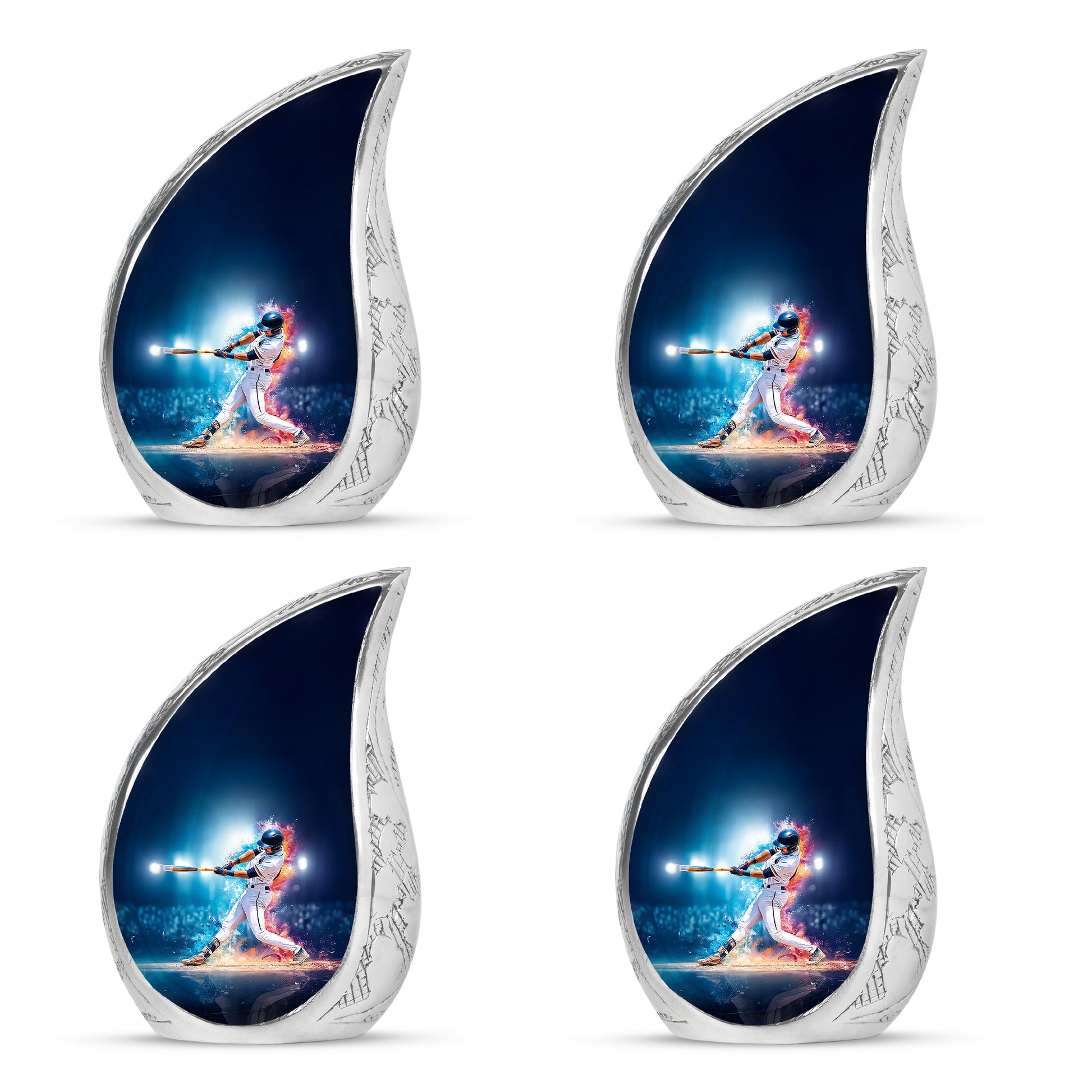 Royal Blue Baseball Cremation Urn close-up of engraving and surface detail - graceful tear-shaped urn with baseball motif - 10 inch aluminum urn for cremated remains