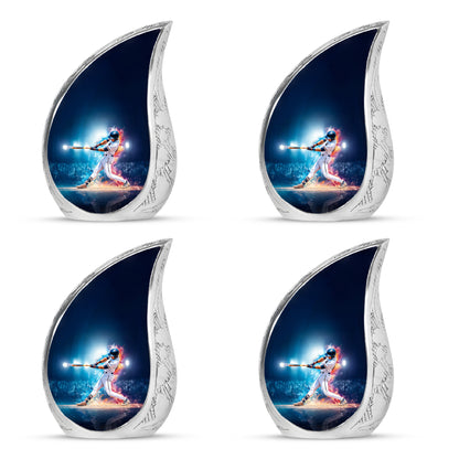 Royal Blue Baseball Cremation Urn close-up of engraving and surface detail - graceful tear-shaped urn with baseball motif - 10 inch aluminum urn for cremated remains