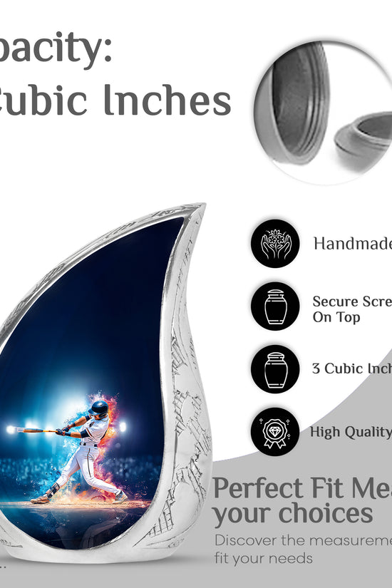 Sapphire Blue Baseball Cremation Urn angled view of lid and engraved motif - graceful tear-shaped urn with baseball motif - mini keepsake memorial for portion of cremation ashes