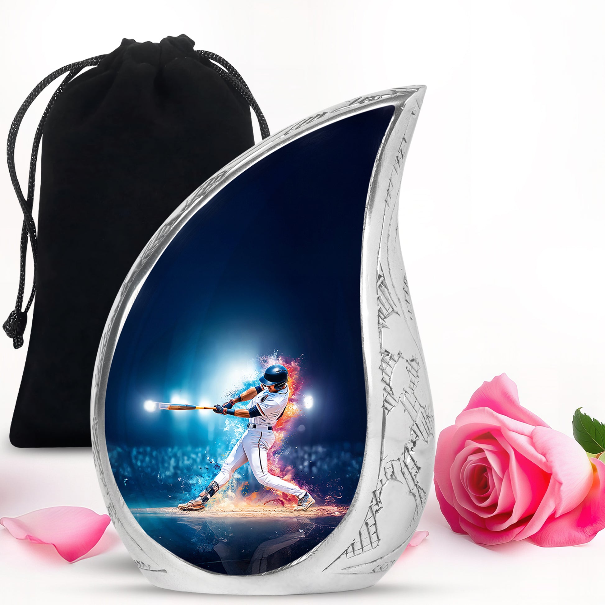 Navy Blue Baseball Cremation Urn front view showing detailed design - rounded teardrop baseball design with delicate detail - full-size 10 inch 200 cubic inch adult cremation urn