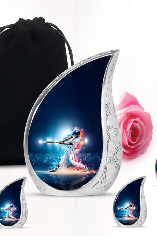Icy Blue Baseball Cremation Urn side profile showing urn shape - rounded teardrop baseball design with delicate detail - memorial set with one large and four small urns