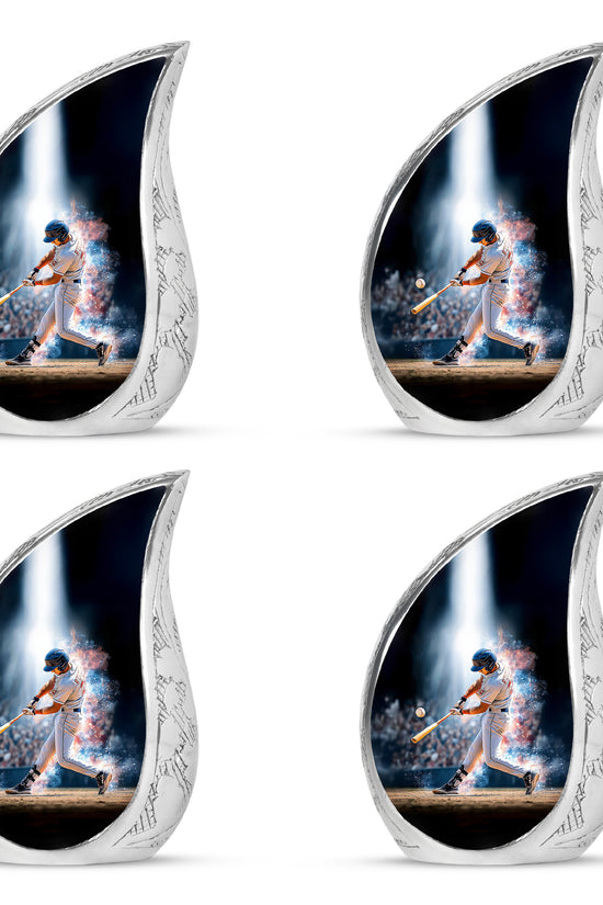 Obsidian Black Baseball Cremation Urn close-up of engraving and surface detail - graceful tear-shaped urn with baseball motif - 10 inch aluminum urn for cremated remains