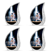 Obsidian Black Baseball Cremation Urn close-up of engraving and surface detail - graceful tear-shaped urn with baseball motif - 10 inch aluminum urn for cremated remains