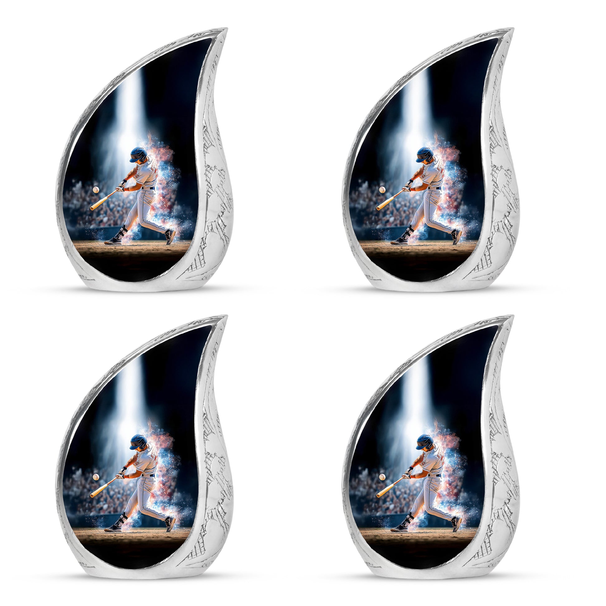 Obsidian Black Baseball Cremation Urn close-up of engraving and surface detail - graceful tear-shaped urn with baseball motif - 10 inch aluminum urn for cremated remains