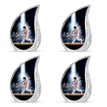 Obsidian Black Baseball Cremation Urn close-up of engraving and surface detail - graceful tear-shaped urn with baseball motif - 10 inch aluminum urn for cremated remains